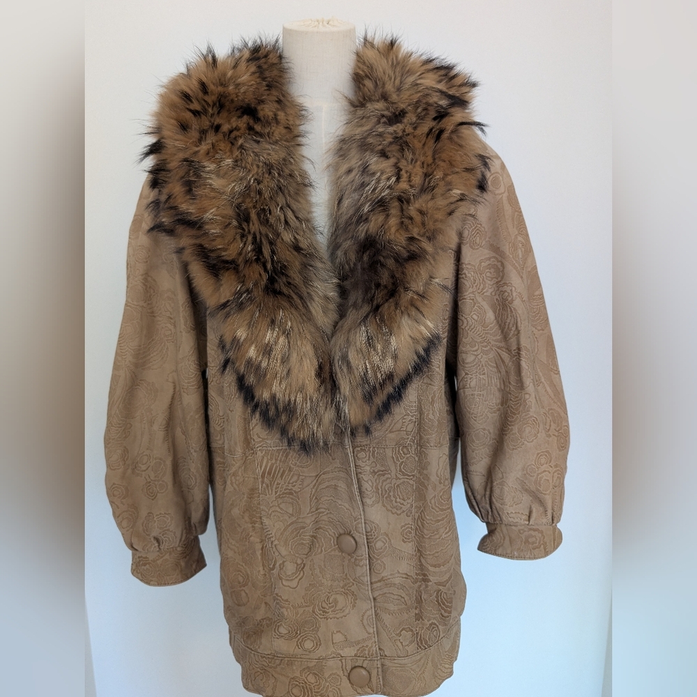 Embossed Tan Leather Fur Trimmed Women's Coat